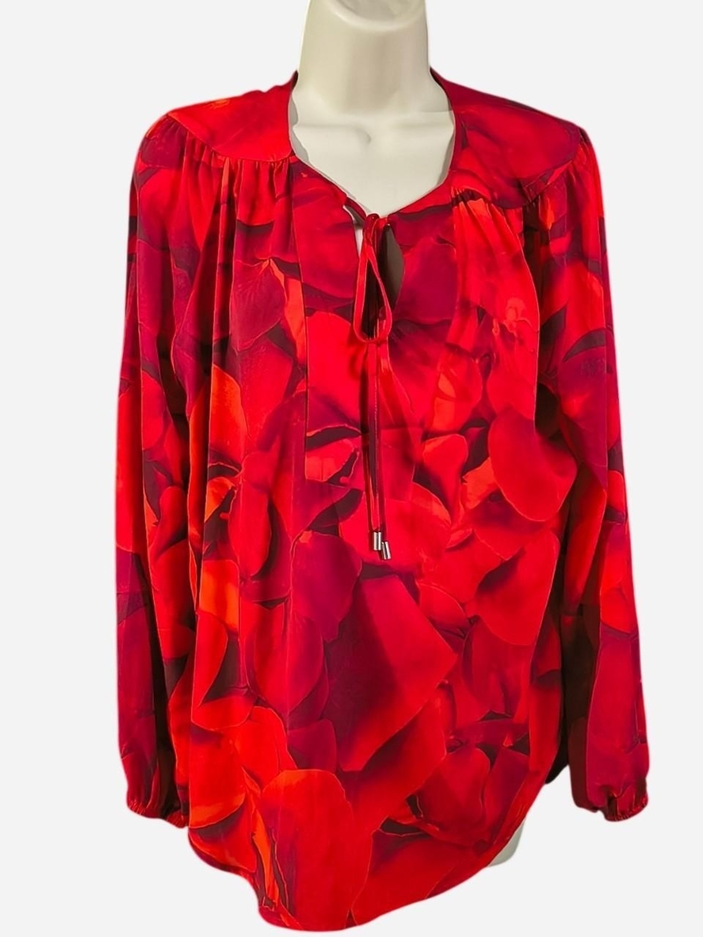 Women's Red Floral Tie-Neck Blouse